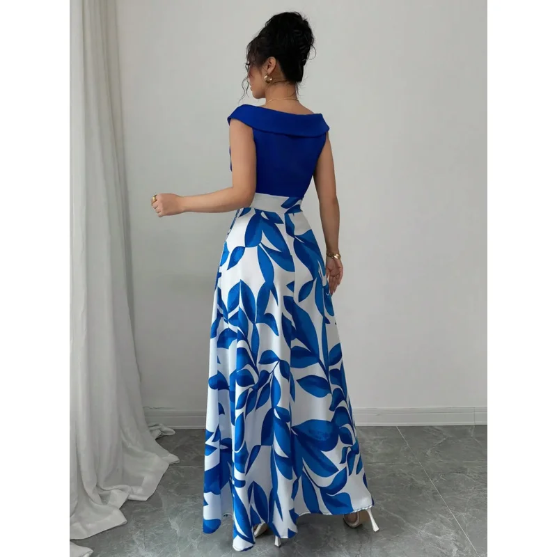 Blue White Satin Leaf Print Maxi Dress Boho Length Gown Perfect for Formal Occasions Trendy Looks - Image 3