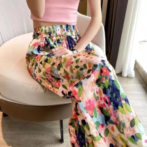 Beach Pants Loose Wide-Leg Pant Female Seaside Leisure INS High Waist Cropped Pant Straight Floral Trousers 2024 Summer New