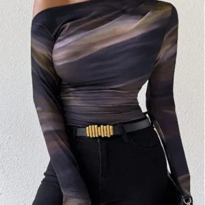 Y2K Slim Fit Long Sleeved Diagonal Collar Printed T-shirt Women's Fashionable Street Sexy Versatile Autumn Top