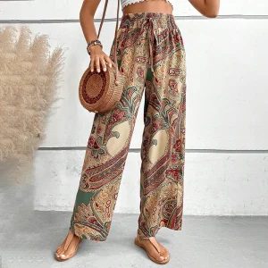 Summer Printing Wide Leg Pants for Women Straight Trouser New Fashion Elastic Waist Versatile Breathable Grace Ladies Streetwear