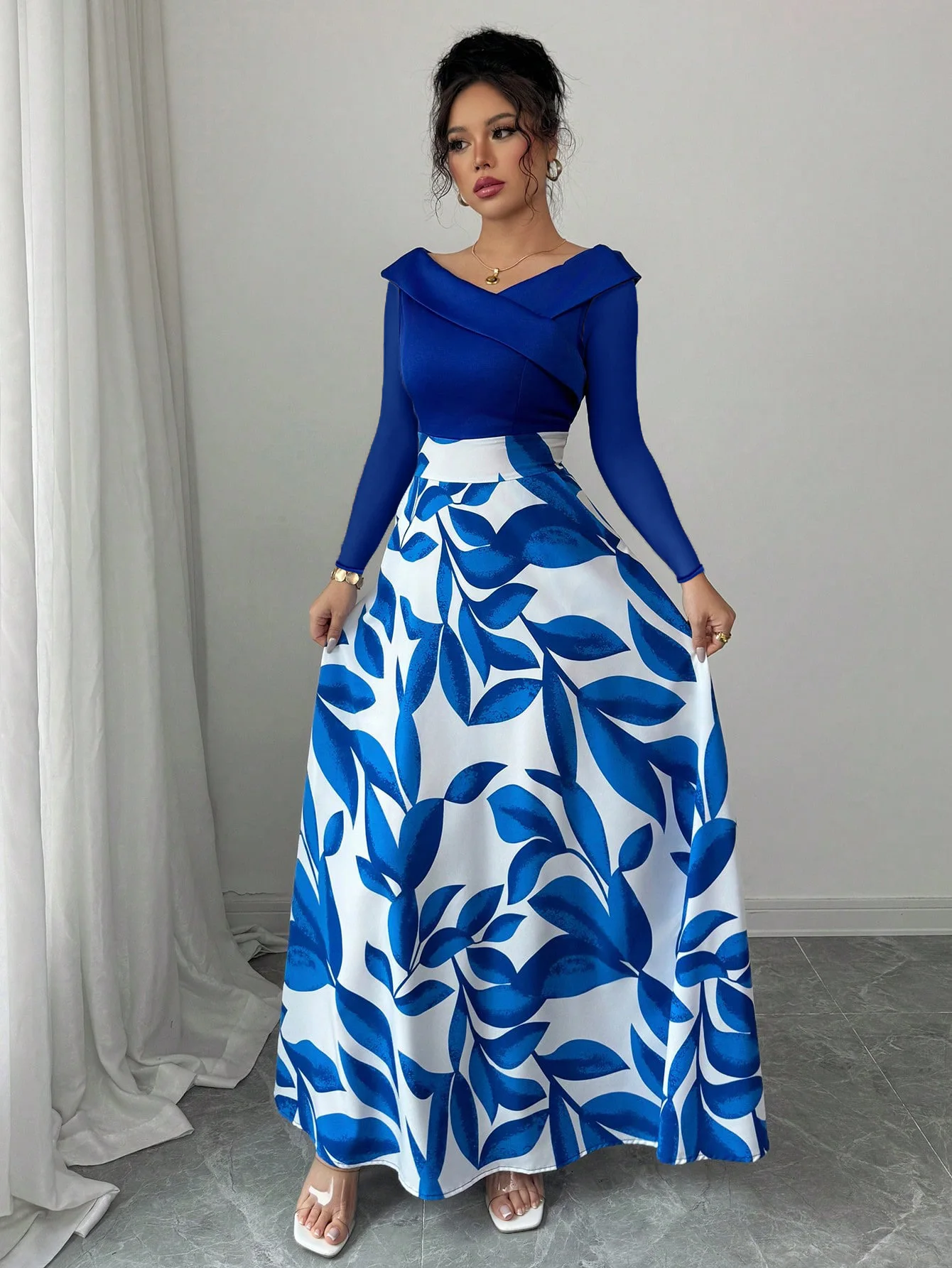 Blue White Satin Leaf Print Maxi Dress Boho Length Gown Perfect for Formal Occasions Trendy Looks